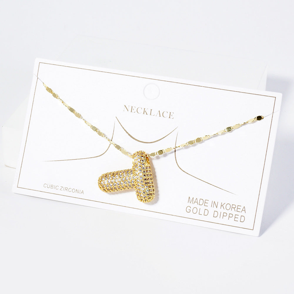 -T- Gold Dipped CZ Stone Paved Initial Monogram Pendant Necklace