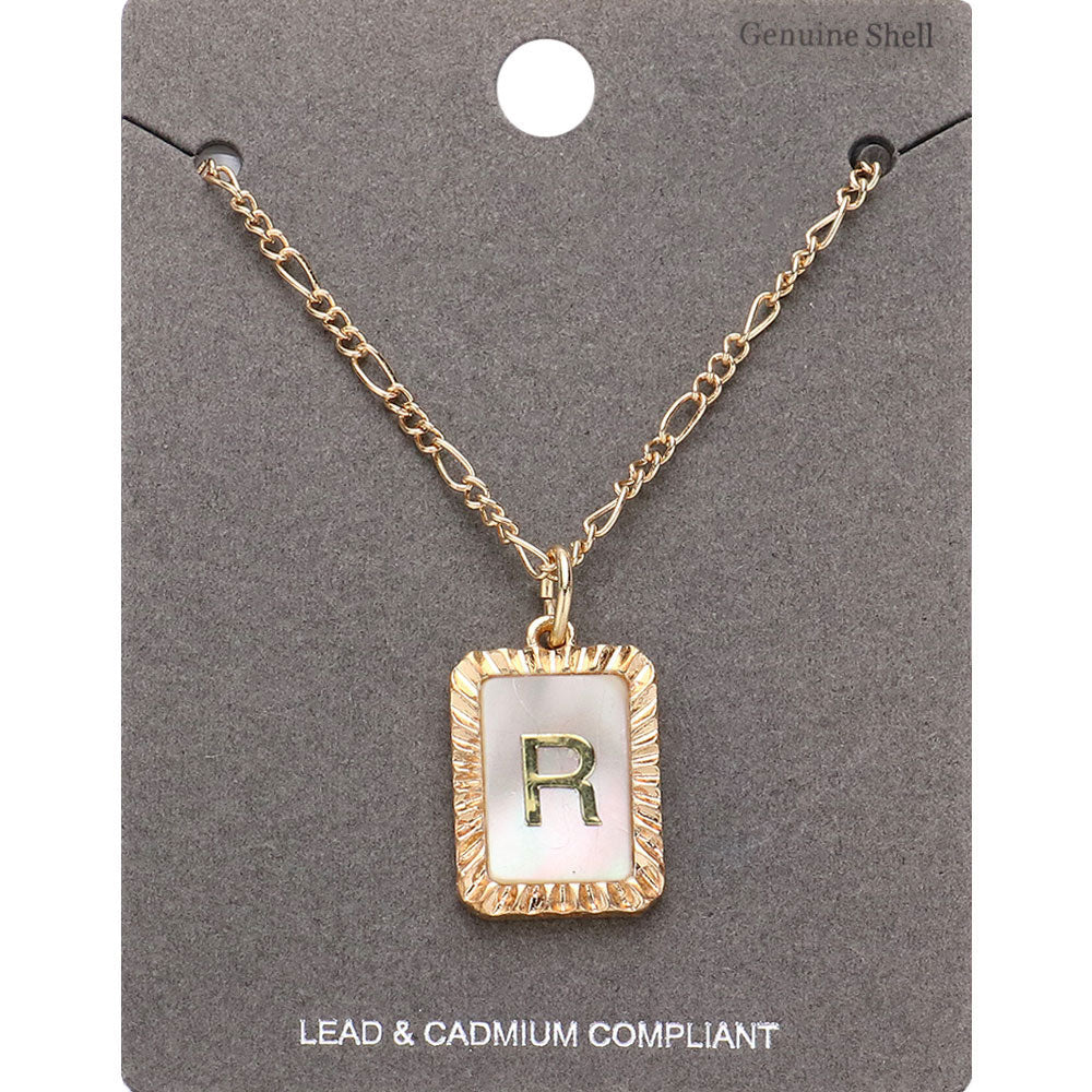-R- Initial Monogram Genuine Shell Rectangle Pendant Necklace