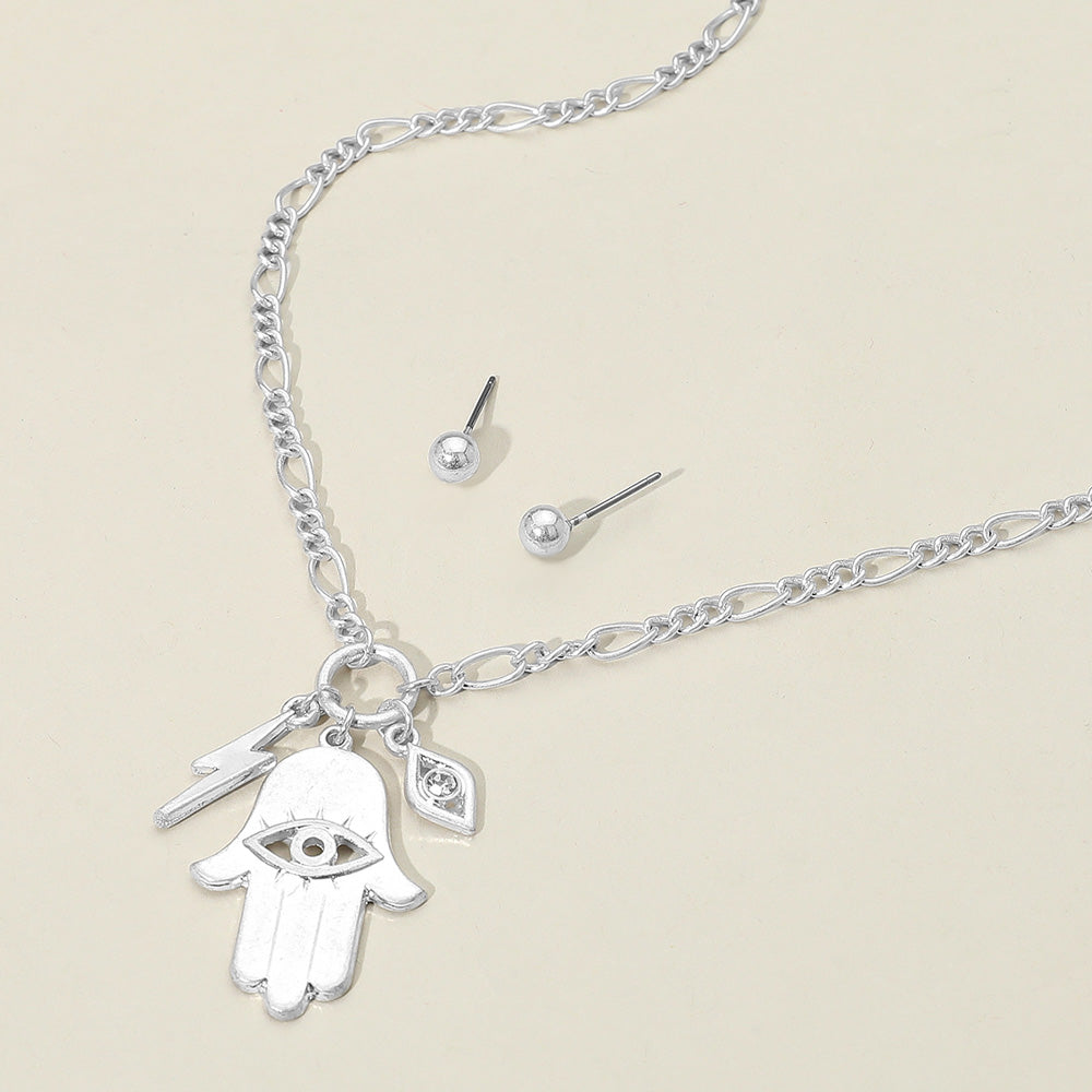 Metal Hamsa Hand Lightning Evil Eye Pendant Necklace