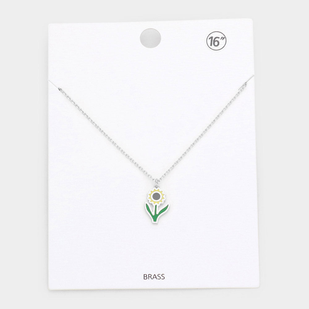 Brass Metal Enamel Sunflower Pendant Necklace