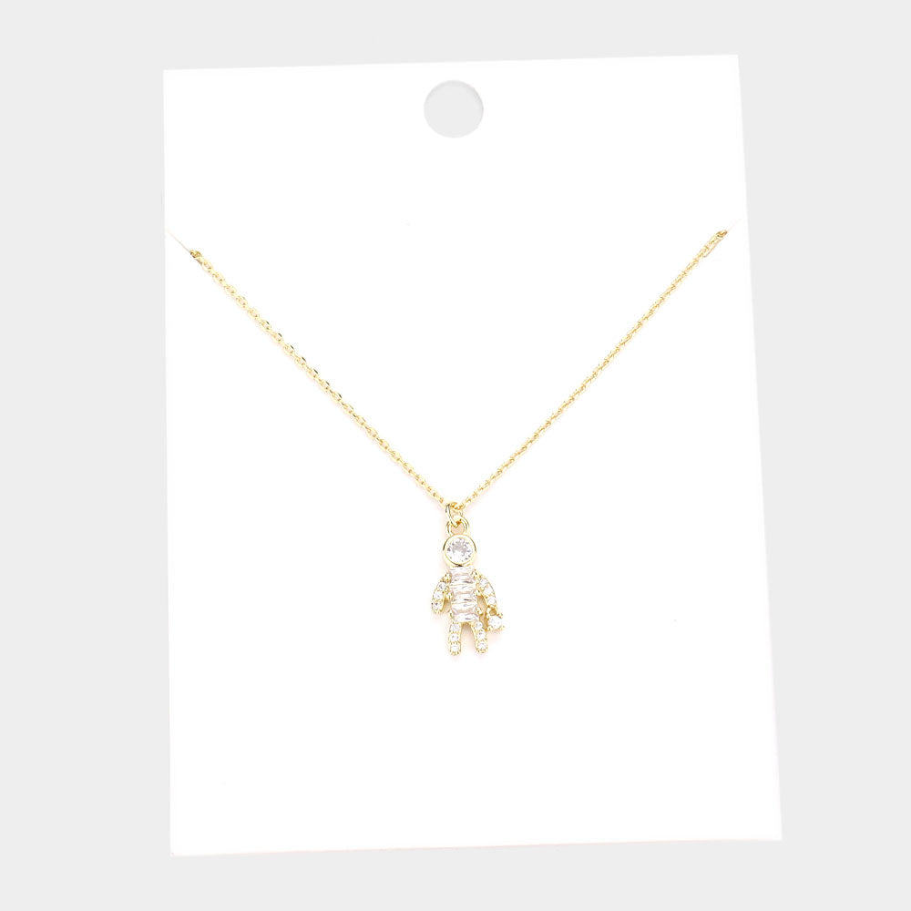 Stone Embellished Brass Metal Human Being Pendant Necklace