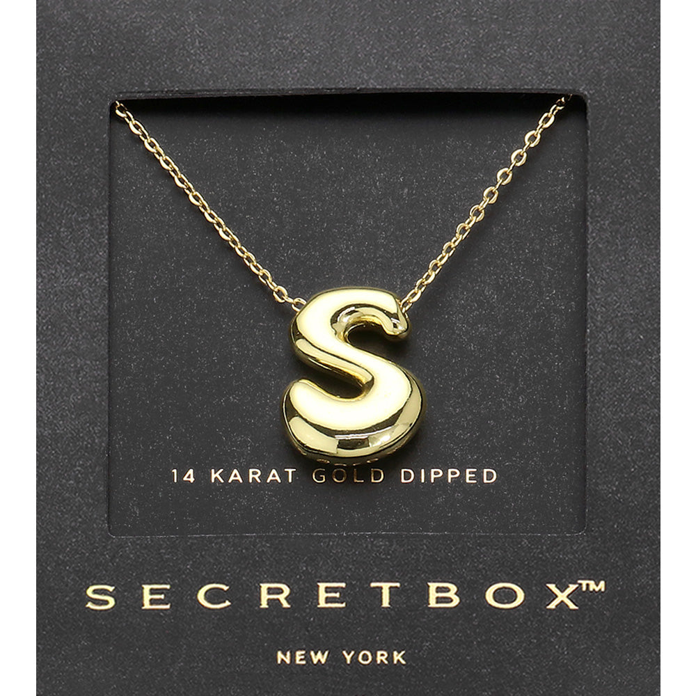 SECRET BOX_ -S- 14K Gold Dipped Bubble Initial Monogram Pendant Necklace
