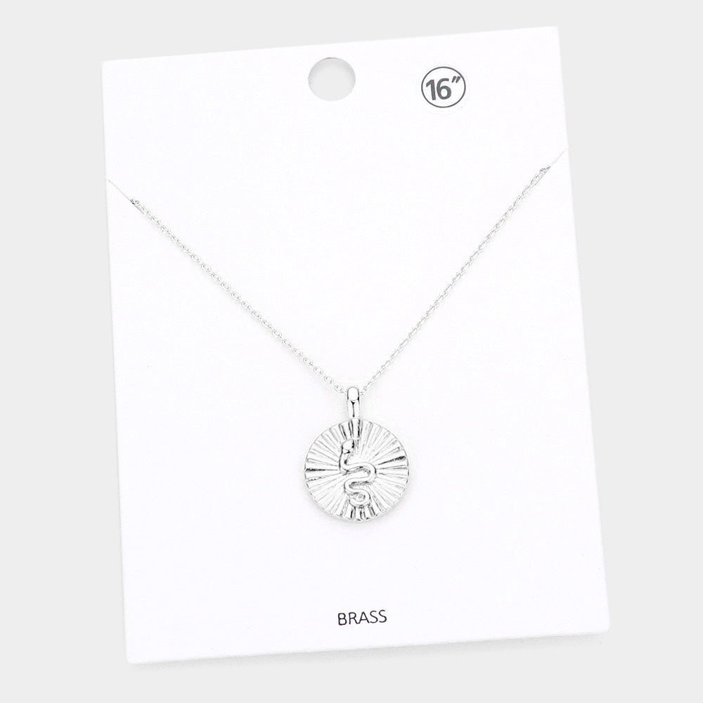 Snake Accented Textured Brass Metal Round Pendant Necklace