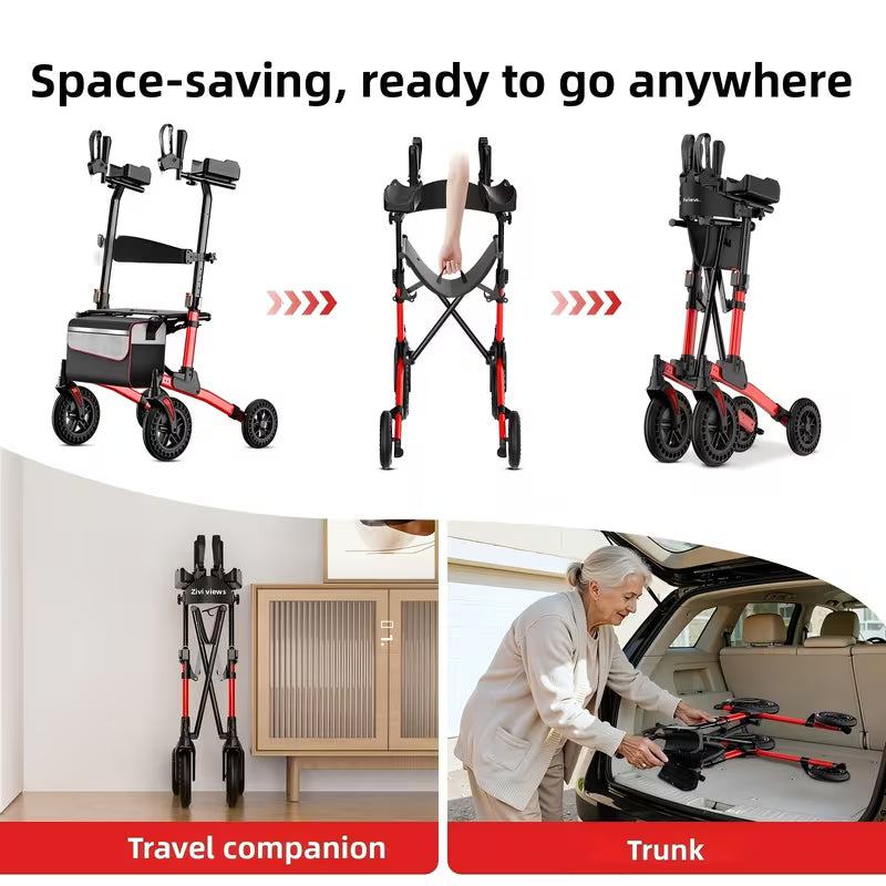 Adjustable Height Four-Wheel Walker with Enlarged Shopping Basket & Seat - Heavy-Duty Lightweight Folding Mobility Aid