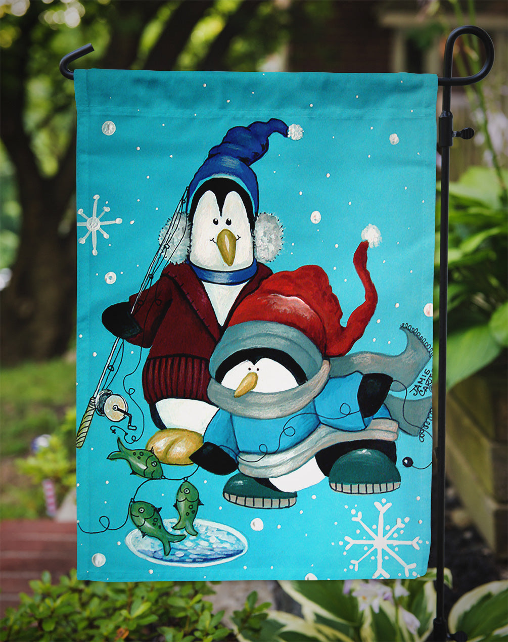 Somethin's Fishy Christmas Penguin  Garden Flag Mailbox Decorative Yard Banner Outside Patio Artwork for Flower Beds, Garden Size, Multicolor
