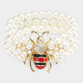 3Rows Pearl Honey Bee Accented Stretch Bracelet