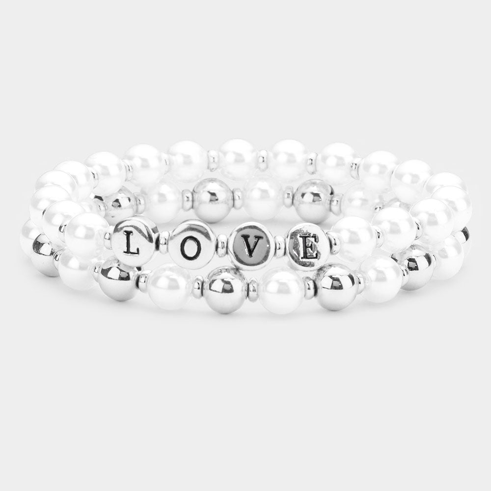 2PCS - LOVE Pearl Metal Ball Stretch Message Bracelets