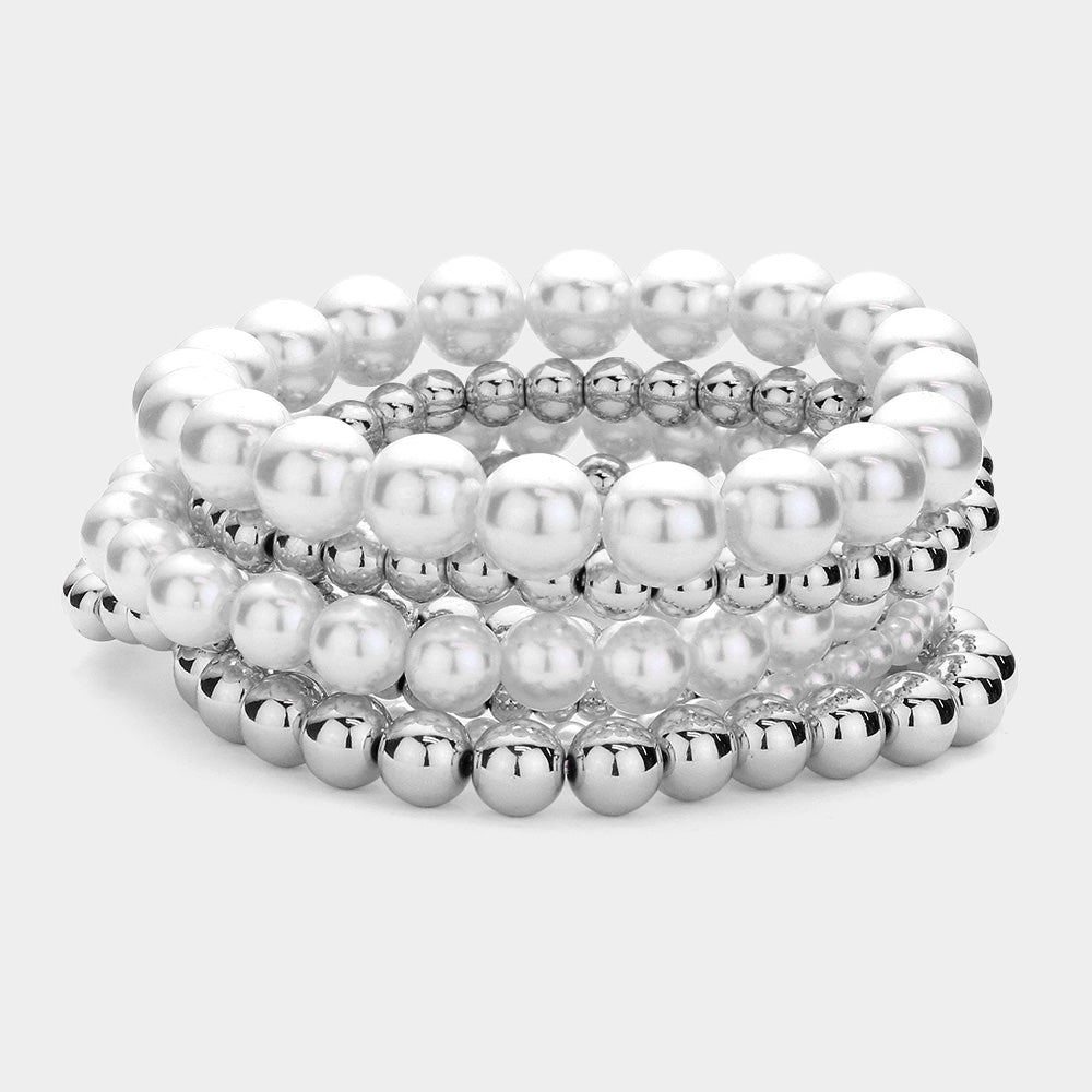 7PCS - Pearl Metal Ball Stretch Multi Layered Bracelets