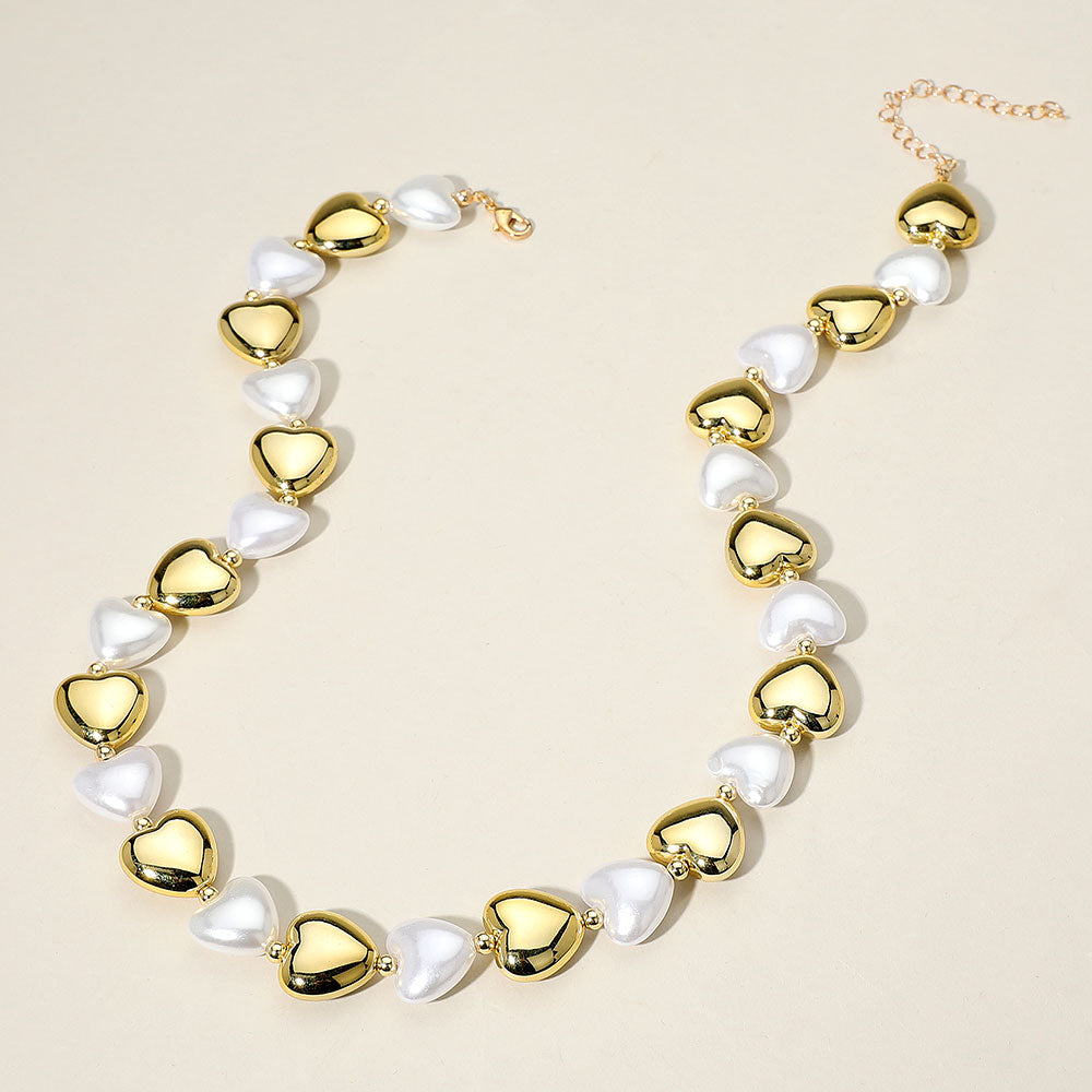 Pearl Metal Heart Beaded Necklace