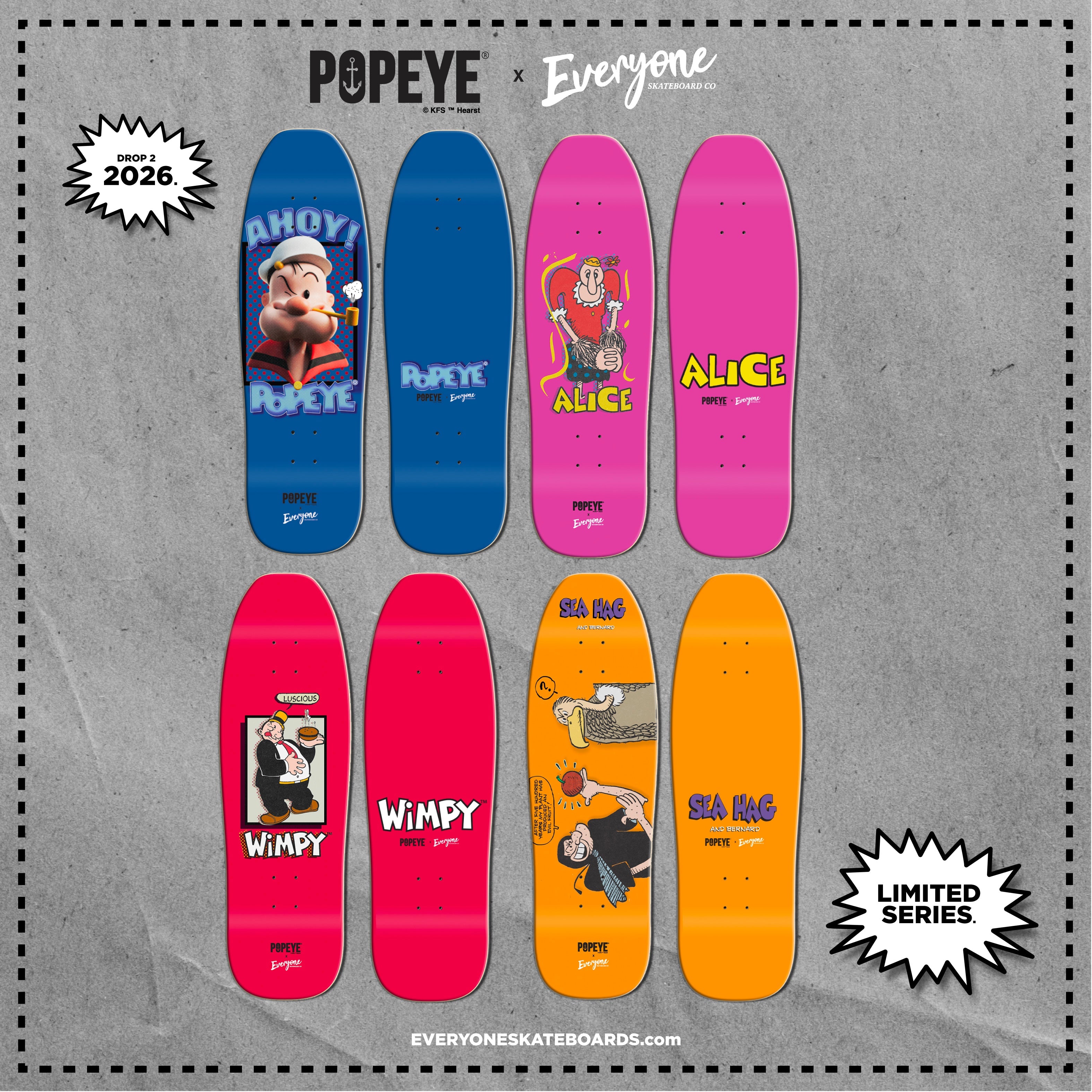 *Pre-Order* Everyone Skateboards Co x Popeye Comics SEA HAG RIPE TOMATO 9.5" Skateboard Deck