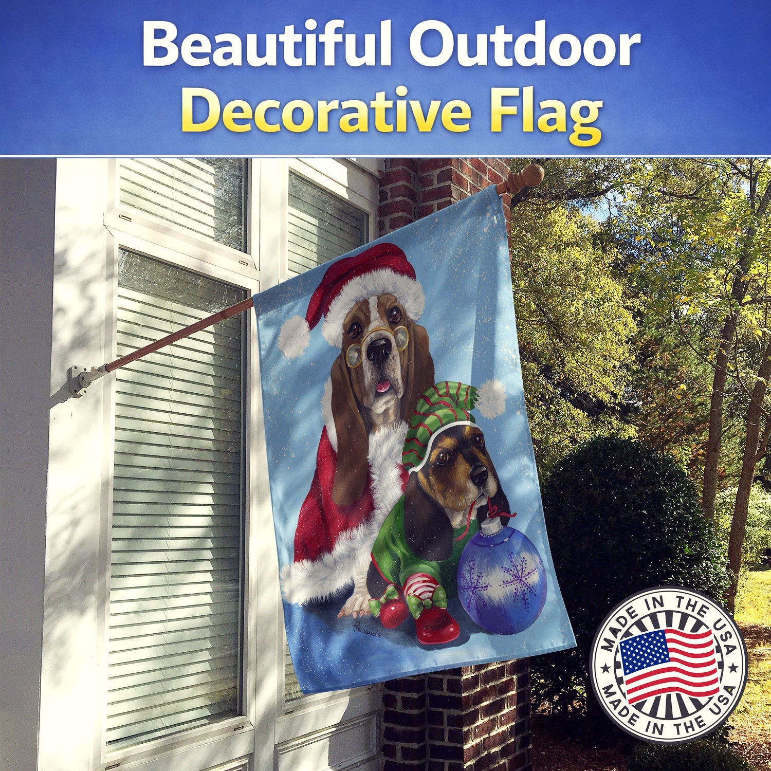 Basset Hound Santa Christmas House Flag 28x40 Porch Sleeve Pole Decorative Outside Yard Banner Artwork Wall Hanging, Polyester