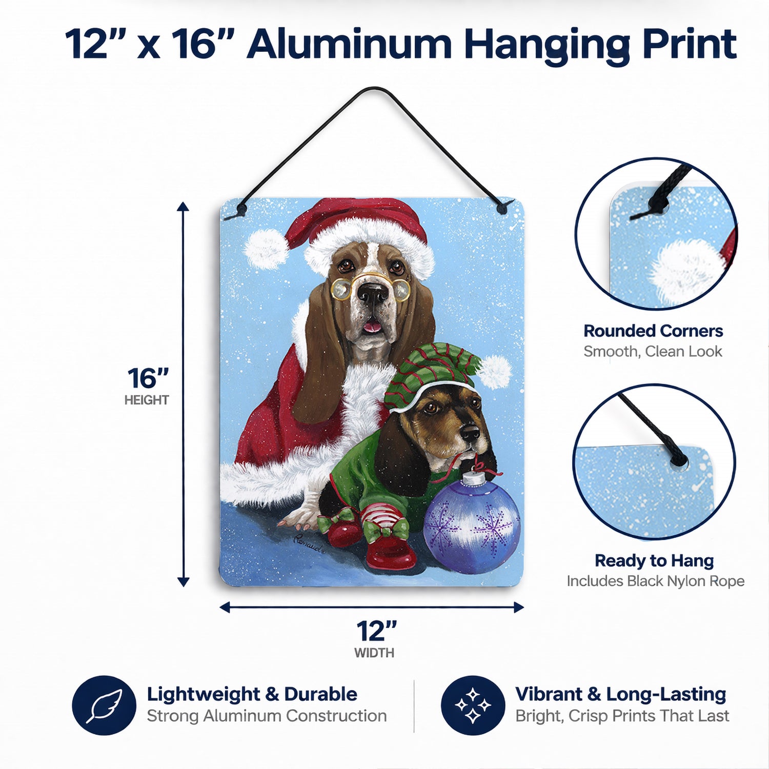 Basset Hound Santa Christmas Wall or Door Hanging Prints Aluminum Metal Sign Kitchen Wall Bar Bathroom Plaque Home Decor Front Door Plaque, 12x16, Multicolor