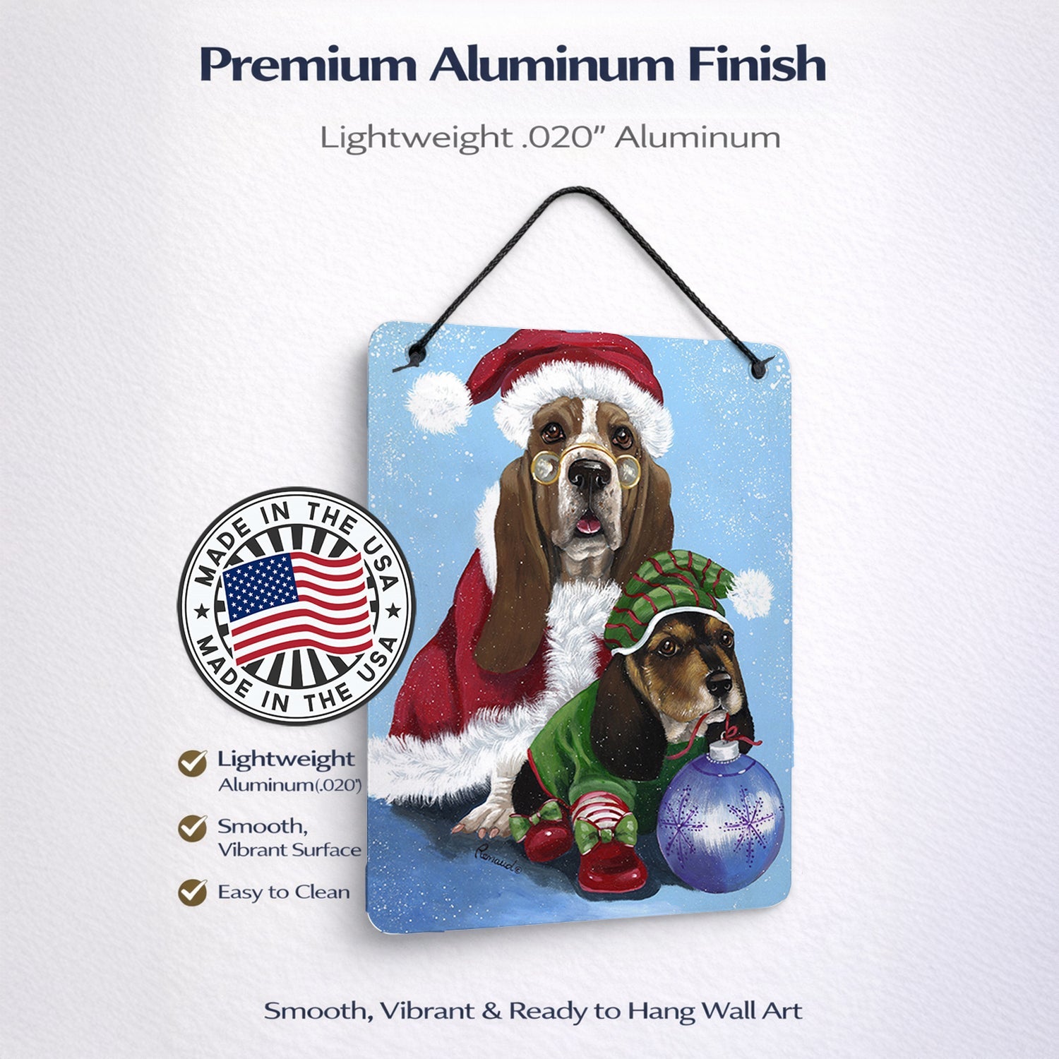 Basset Hound Santa Christmas Wall or Door Hanging Prints Aluminum Metal Sign Kitchen Wall Bar Bathroom Plaque Home Decor Front Door Plaque, 12x16, Multicolor