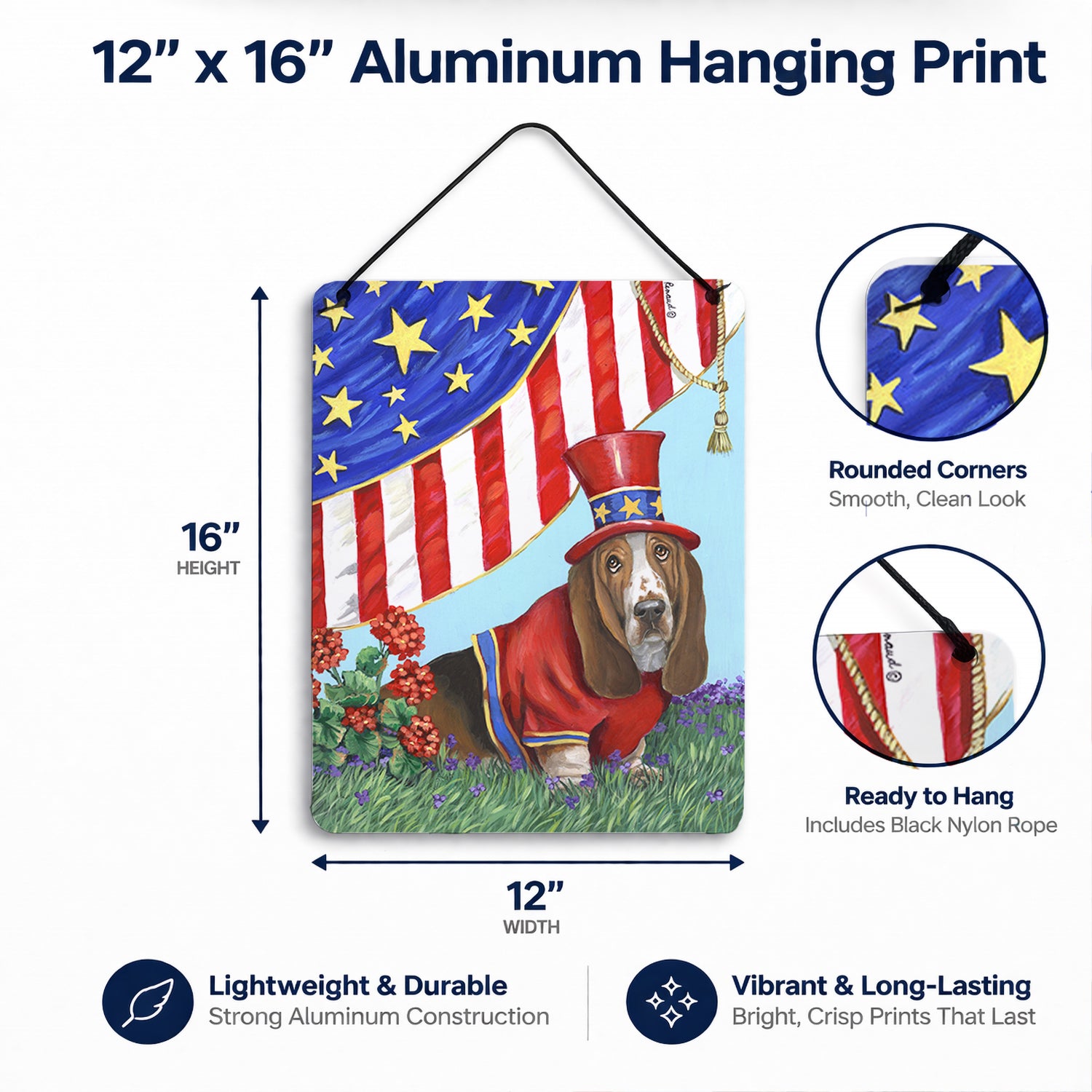 Basset Hound USA Wall or Door Hanging Prints Aluminum Metal Sign Kitchen Wall Bar Bathroom Plaque Home Decor Front Door Plaque, 12x16, Multicolor