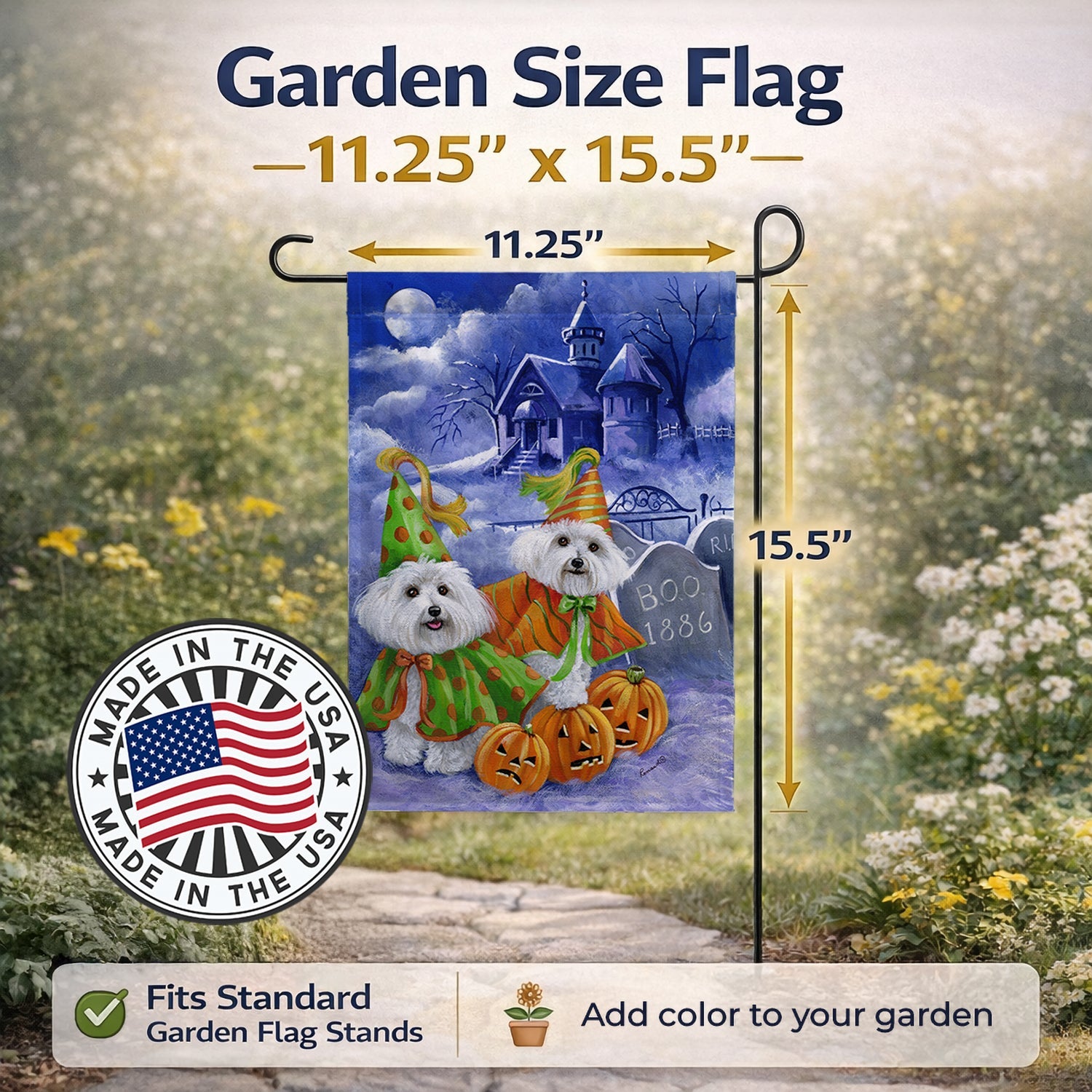 Bichon Frise Halloween Haunted House Garden Flag Mailbox Decorative Yard Banner Outside Patio Artwork for Flower Beds, Garden Size, Multicolor