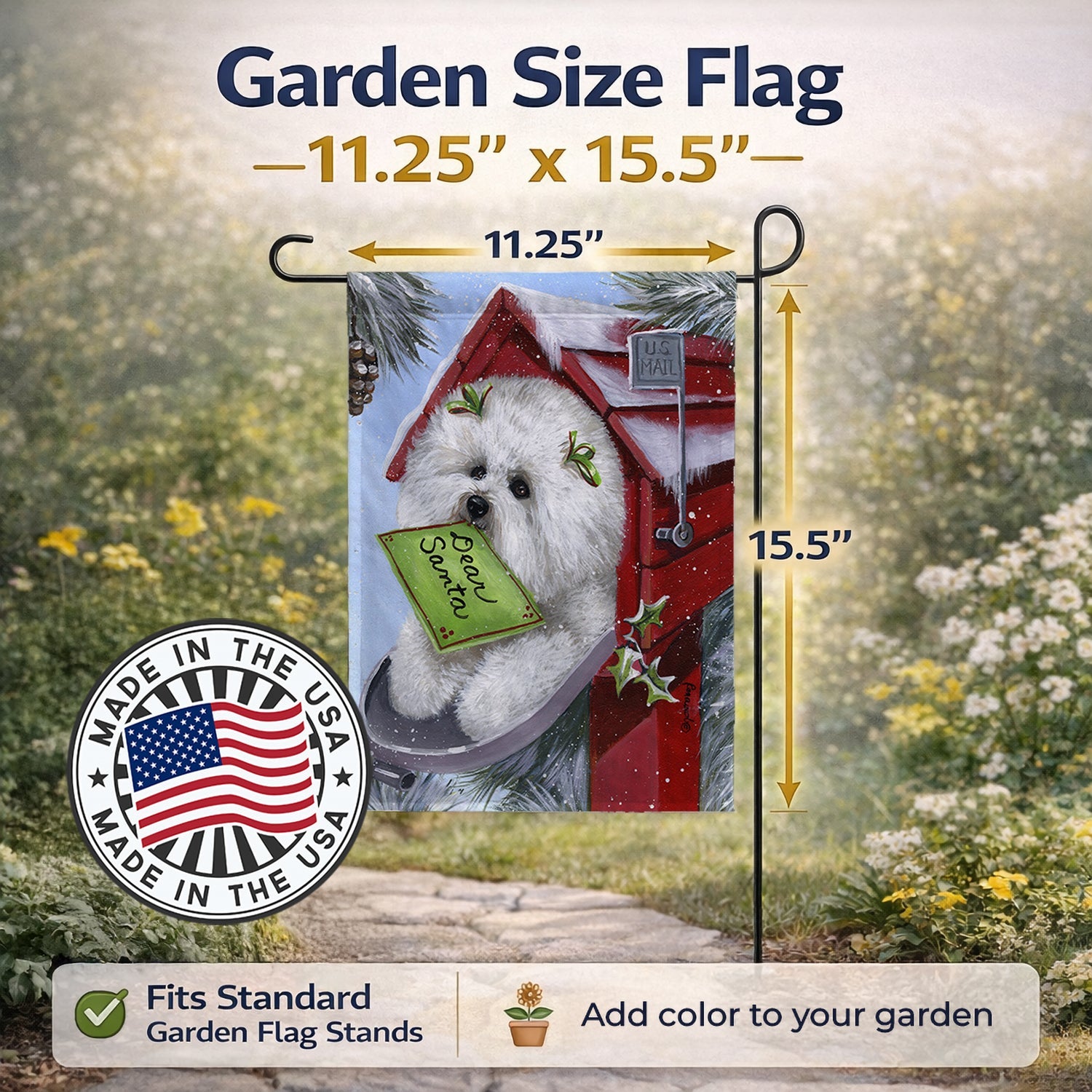 Bichon Frise Santa's List Christmas Garden Flag Mailbox Decorative Yard Banner Outside Patio Artwork for Flower Beds, Garden Size, Multicolor