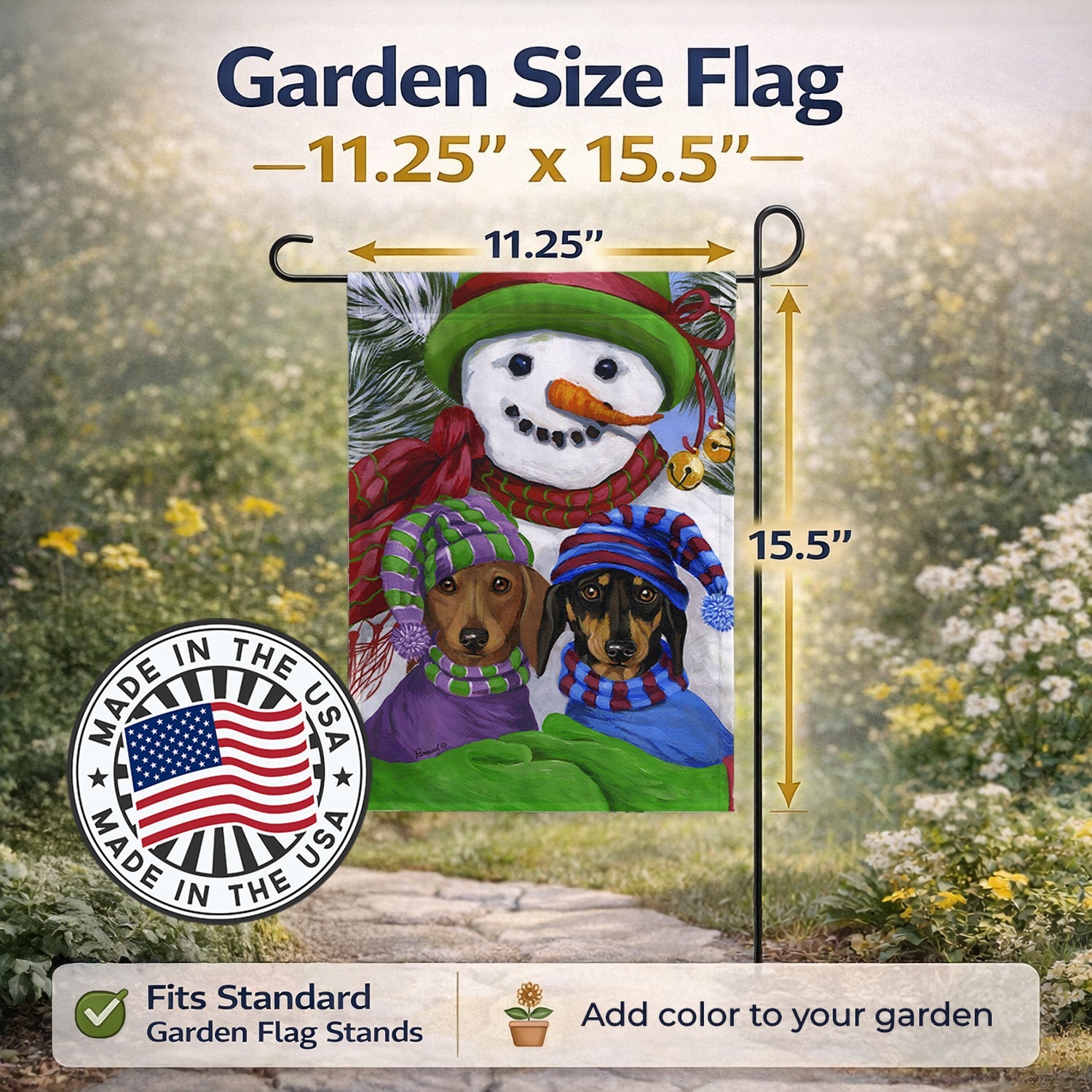 Dachshund Christmas Frosty and Company Garden Flag Mailbox Decorative Yard Banner Outside Patio Artwork for Flower Beds, Garden Size, Multicolor