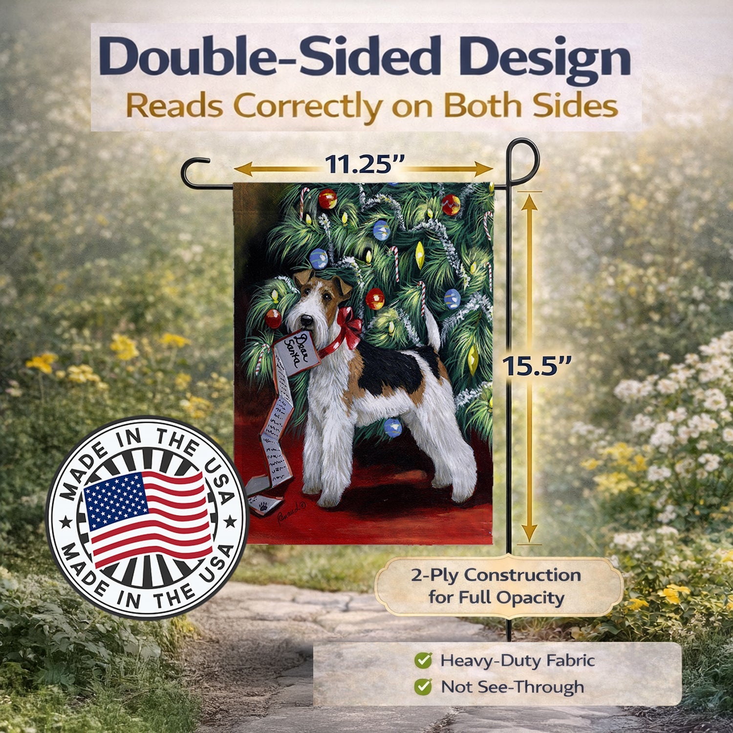 Fox Terrier Christmas Dear Santa Garden Flag Mailbox Decorative Yard Banner Outside Patio Artwork for Flower Beds, Garden Size, Multicolor