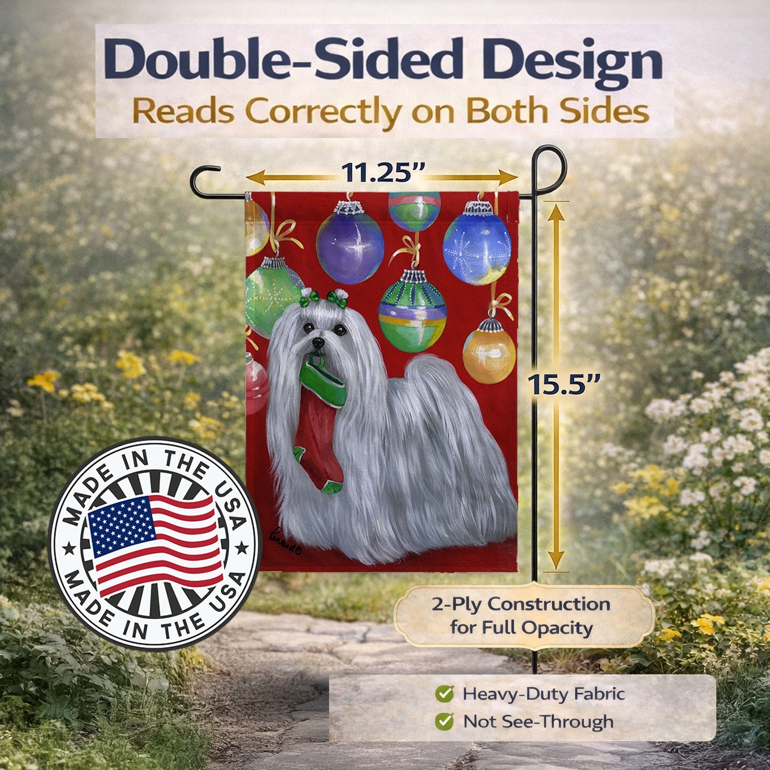Maltese Christmas Stocking Stuffer Garden Flag Mailbox Decorative Yard Banner Outside Patio Artwork for Flower Beds, Garden Size, Multicolor