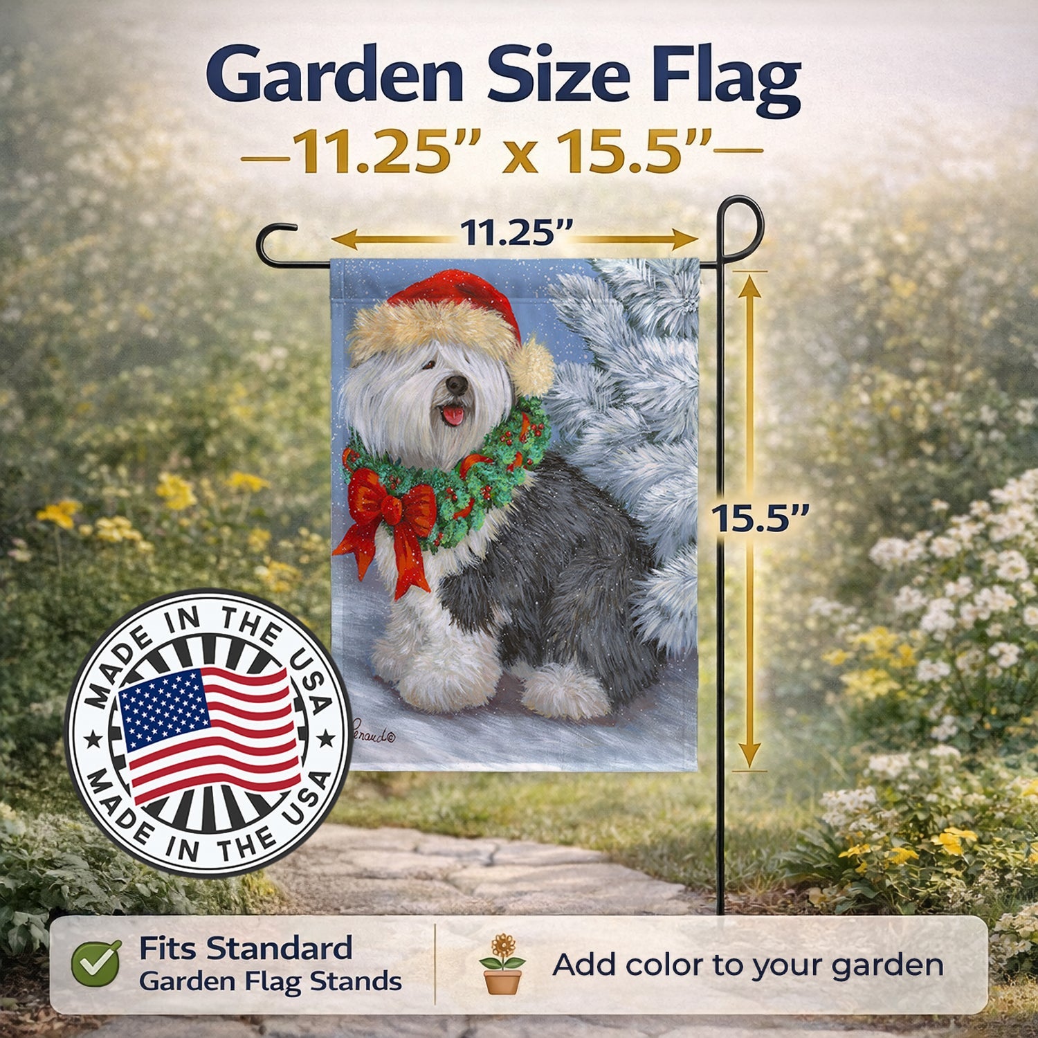 Old English Sheepdog Christmas Garden Flag Mailbox Decorative Yard Banner Outside Patio Artwork for Flower Beds, Garden Size, Multicolor