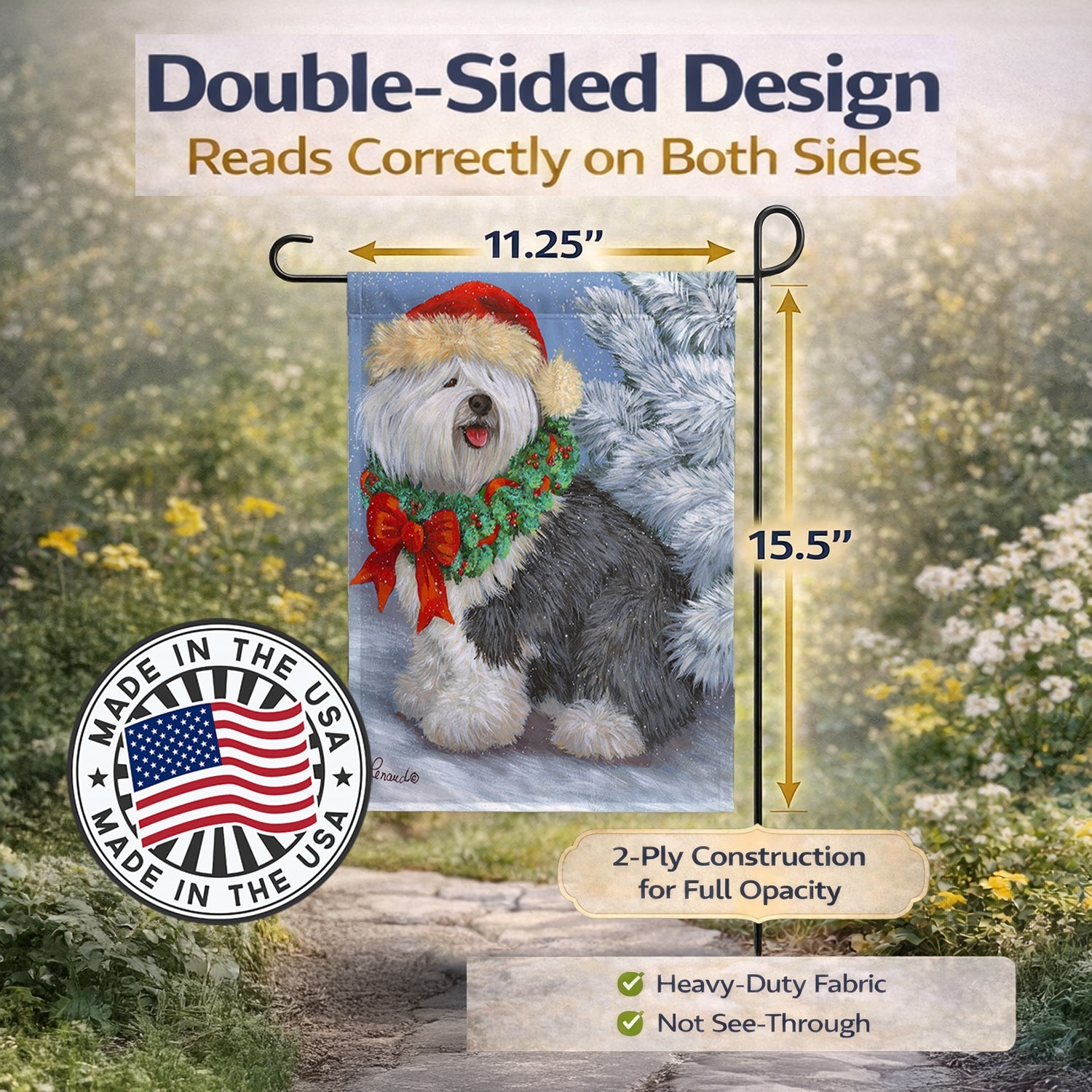 Old English Sheepdog Christmas Garden Flag Mailbox Decorative Yard Banner Outside Patio Artwork for Flower Beds, Garden Size, Multicolor