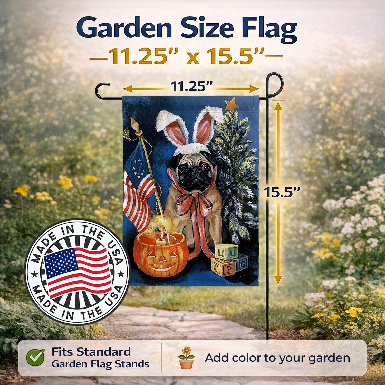 Pug for All Seasons Garden Flag Mailbox Decorative Yard Banner Outside Patio Artwork for Flower Beds, Garden Size, Multicolor