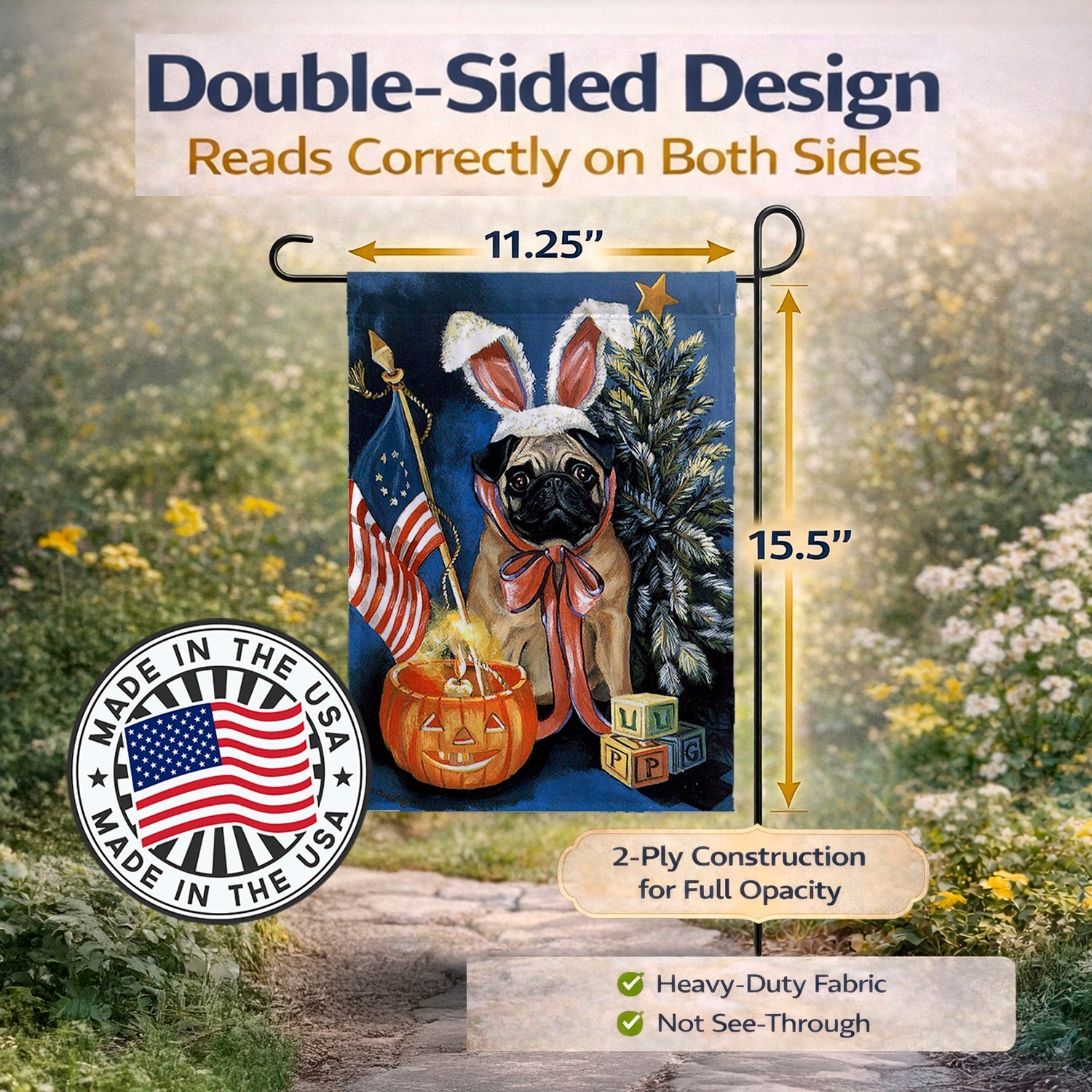 Pug for All Seasons Garden Flag Mailbox Decorative Yard Banner Outside Patio Artwork for Flower Beds, Garden Size, Multicolor