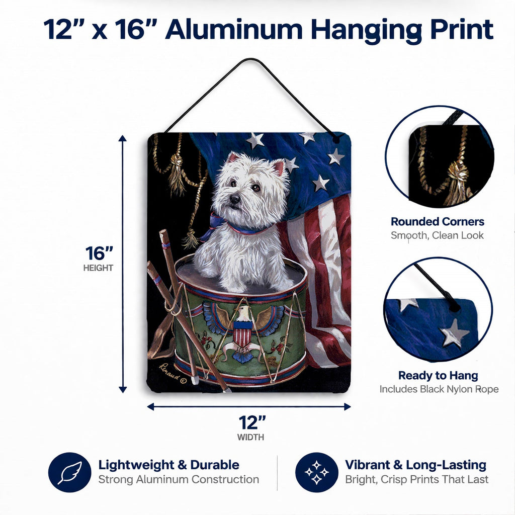 Westie Little Drummer Boy USA Wall or Door Hanging Prints Aluminum Metal Sign Kitchen Wall Bar Bathroom Plaque Home Decor Front Door Plaque, 12x16, Multicolor