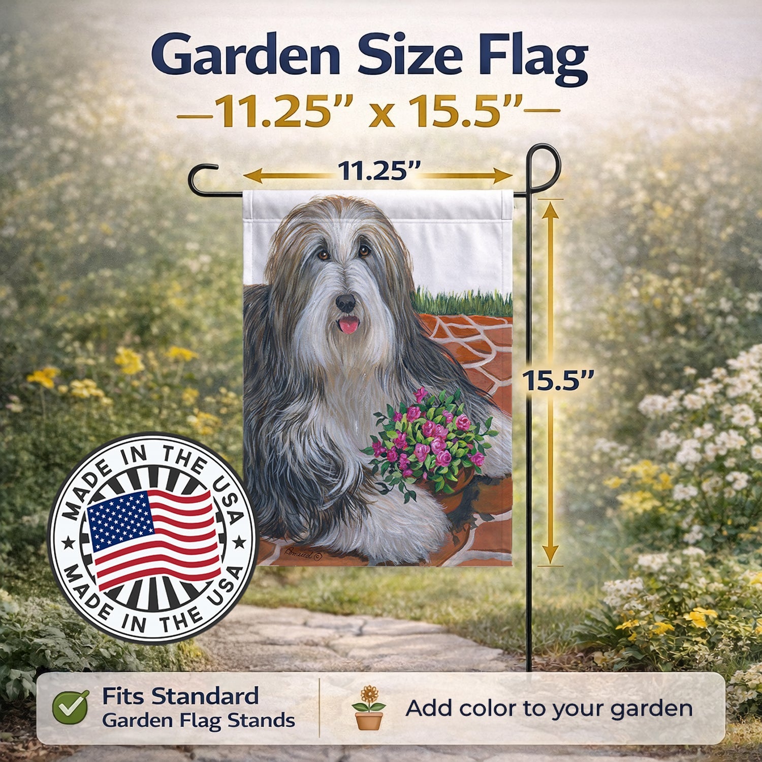 Bearded Collie Pot of Roses Garden Flag Mailbox Decorative Yard Banner Outside Patio Artwork for Flower Beds, Garden Size, Multicolor