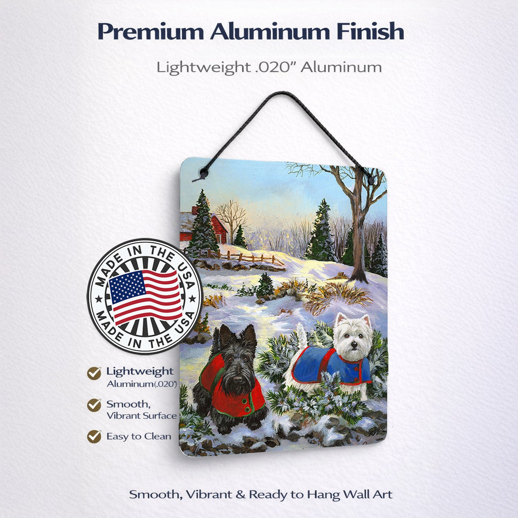 Scottie and Westie Christmas Pine Hill Wall or Door Hanging Prints Aluminum Metal Sign Kitchen Wall Bar Bathroom Plaque Home Decor Front Door Plaque, 12x16, Multicolor