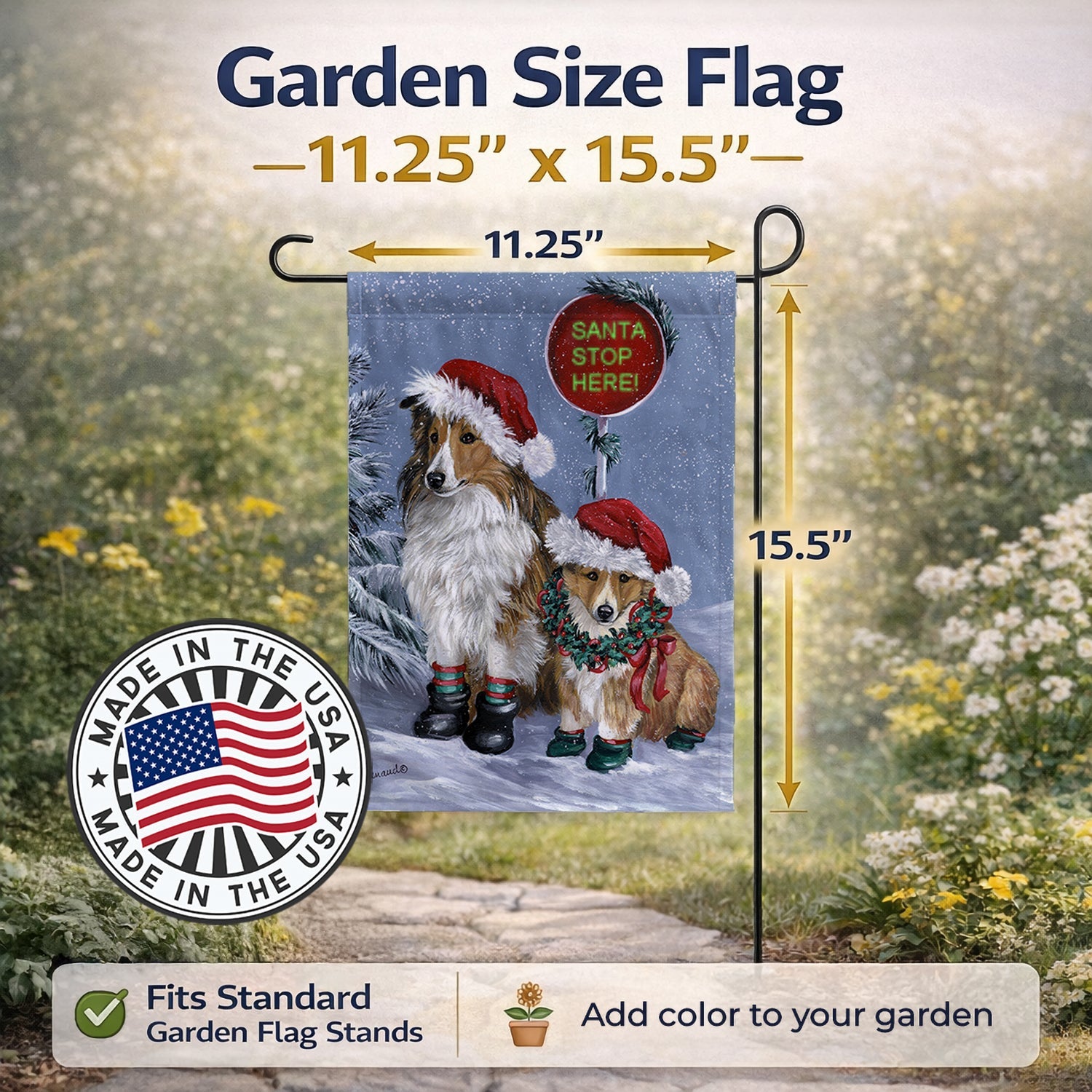 Sheltie Christmas Santa Stop Garden Flag Mailbox Decorative Yard Banner Outside Patio Artwork for Flower Beds, Garden Size, Multicolor