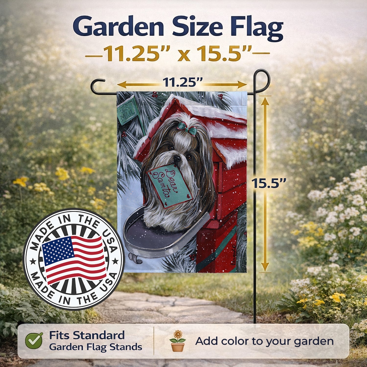 Shih Tzu Christmas Letter to Santa Garden Flag Mailbox Decorative Yard Banner Outside Patio Artwork for Flower Beds, Garden Size, Multicolor