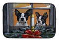 Boston Terrier Looking for Santa Christmas Dish Drying Mat Absorbent Dish Drying Mat Pad for Kitchen Counter Dish Drainer Mat for Countertop, 14 x 21", Multicolor