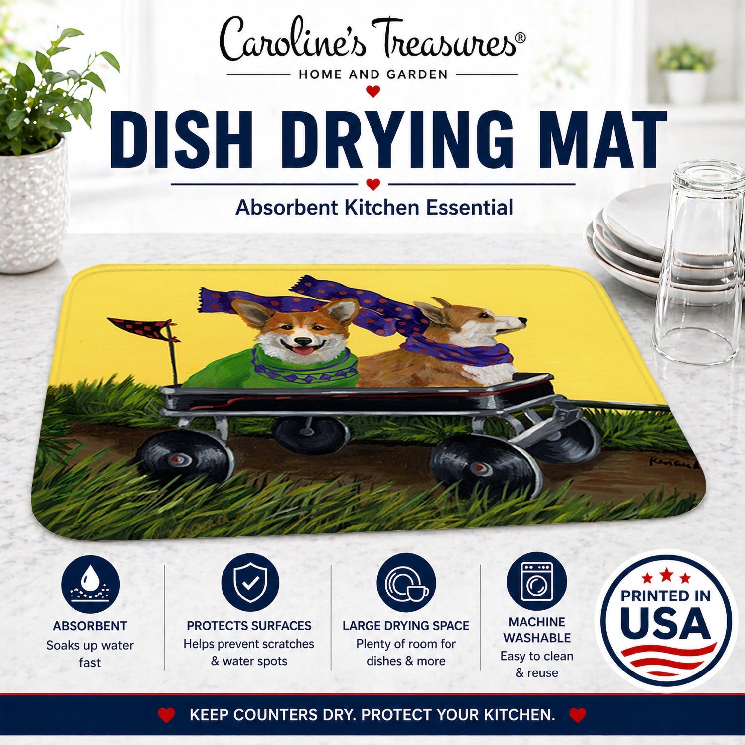 Corgi Express Dish Drying Mat Absorbent Dish Drying Mat Pad for Kitchen Counter Dish Drainer Mat for Countertop, 14 x 21", Multicolor