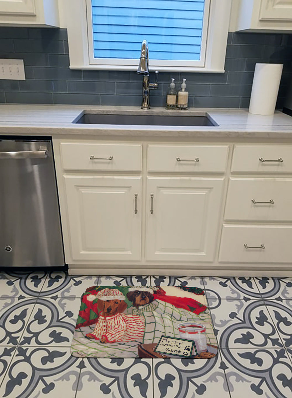 Dachshund Christmas Waiting for Santa Memory Foam Kitchen Mat Machine Washable Anti-Fatigue Cushion Comfort Bath or Kitchen Rug