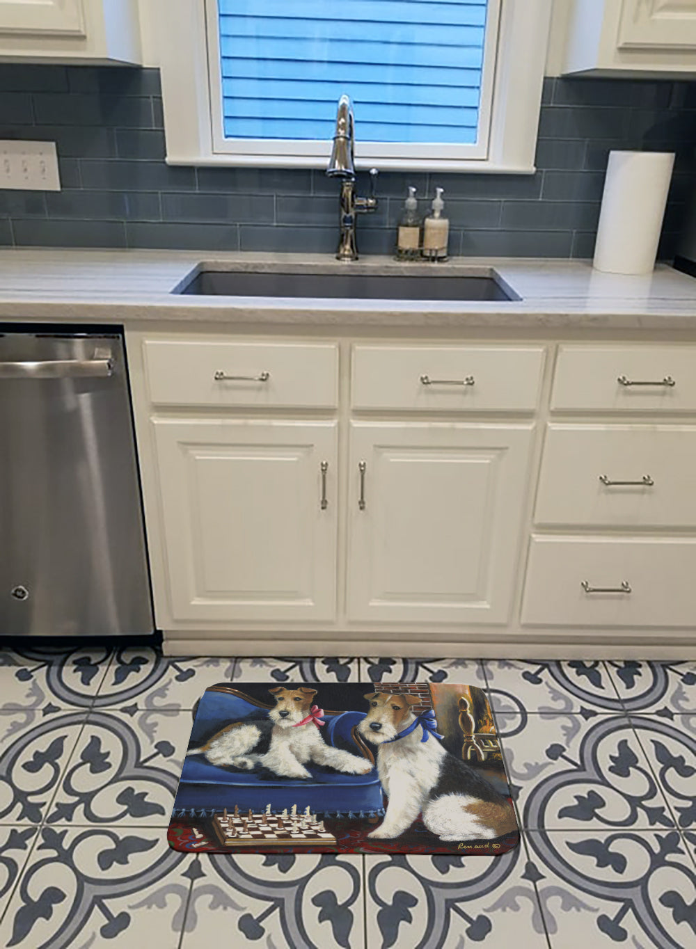 Fox Terrier Checkmates Memory Foam Kitchen Mat Machine Washable Anti-Fatigue Cushion Comfort Bath or Kitchen Rug