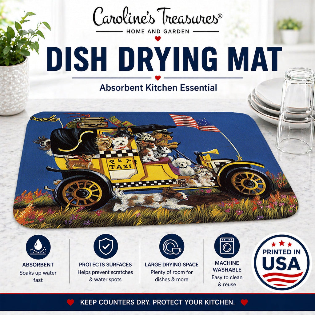 Pet Taxi Multiple Dog Breeds Dish Drying Mat Absorbent Dish Drying Mat Pad for Kitchen Counter Dish Drainer Mat for Countertop, 14 x 21", Multicolor