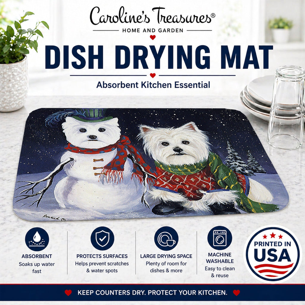 Westie Christmas Self Portrait Dish Drying Mat Absorbent Dish Drying Mat Pad for Kitchen Counter Dish Drainer Mat for Countertop, 14 x 21", Multicolor