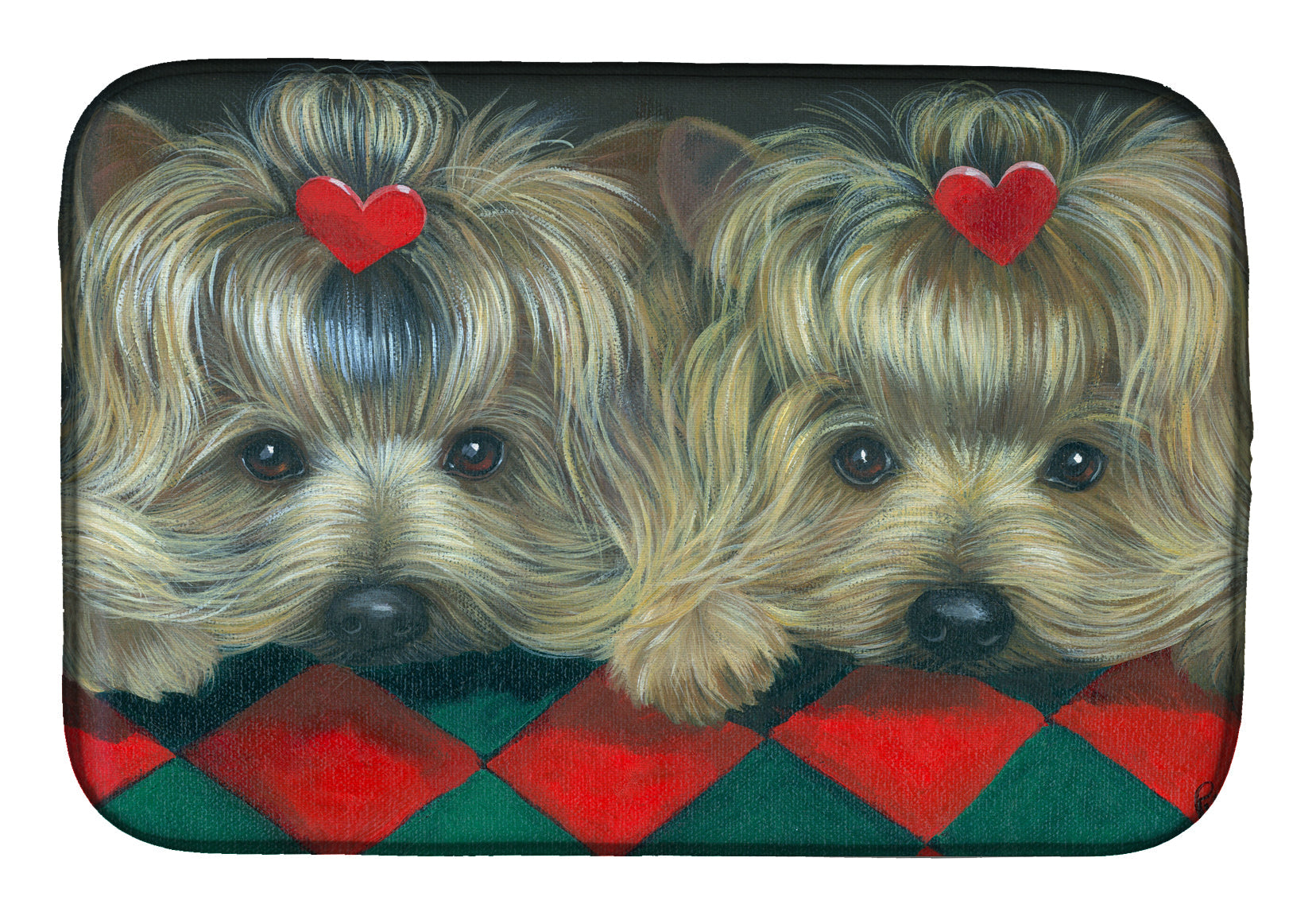 Yorkshire Terrier Yorkie 2 Hearts Dish Drying Mat Absorbent Dish Drying Mat Pad for Kitchen Counter Dish Drainer Mat for Countertop, 14 x 21", Multicolor