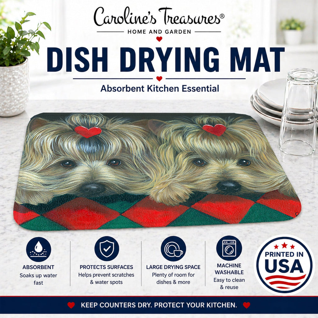 Yorkshire Terrier Yorkie 2 Hearts Dish Drying Mat Absorbent Dish Drying Mat Pad for Kitchen Counter Dish Drainer Mat for Countertop, 14 x 21", Multicolor