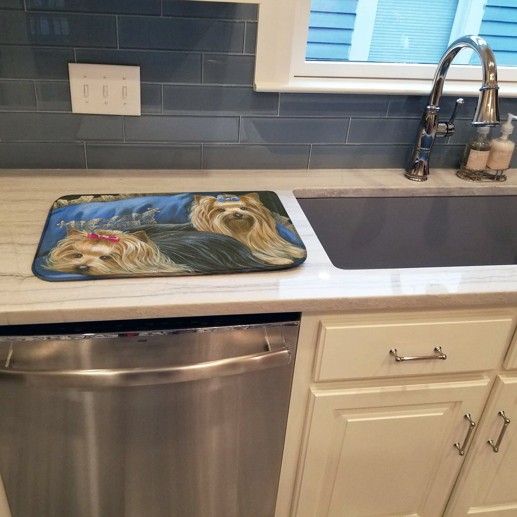 Yorkshire Terrier Yorkie Satin and Lace Dish Drying Mat Absorbent Dish Drying Mat Pad for Kitchen Counter Dish Drainer Mat for Countertop, 14 x 21", Multicolor