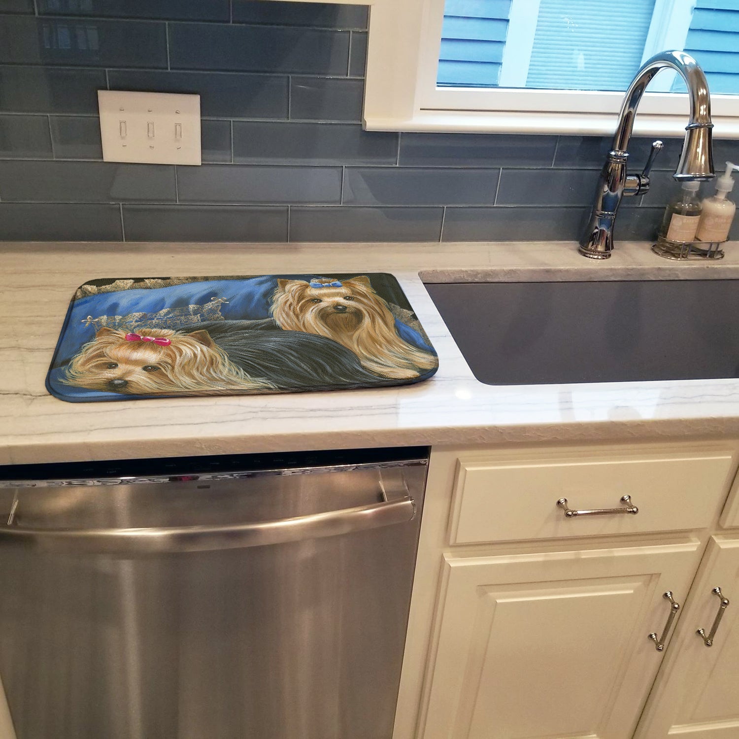Yorkshire Terrier Yorkie Satin and Lace Dish Drying Mat Absorbent Dish Drying Mat Pad for Kitchen Counter Dish Drainer Mat for Countertop, 14 x 21", Multicolor