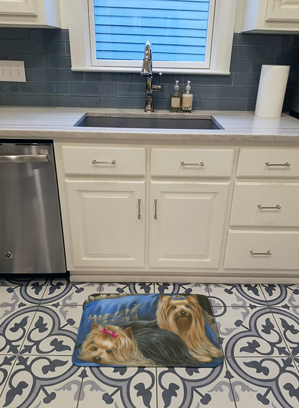 Yorkshire Terrier Yorkie Satin and Lace Memory Foam Kitchen Mat Machine Washable Anti-Fatigue Cushion Comfort Bath or Kitchen Rug