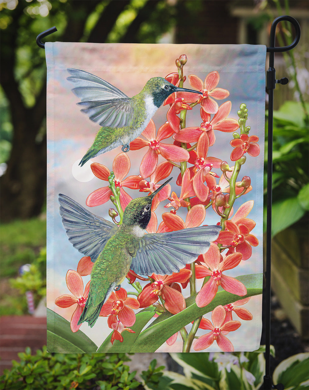 Black Chinned Hummingbirds Orchids Garden Flag Mailbox Decorative Yard Banner Outside Patio Artwork for Flower Beds, Garden Size, Multicolor