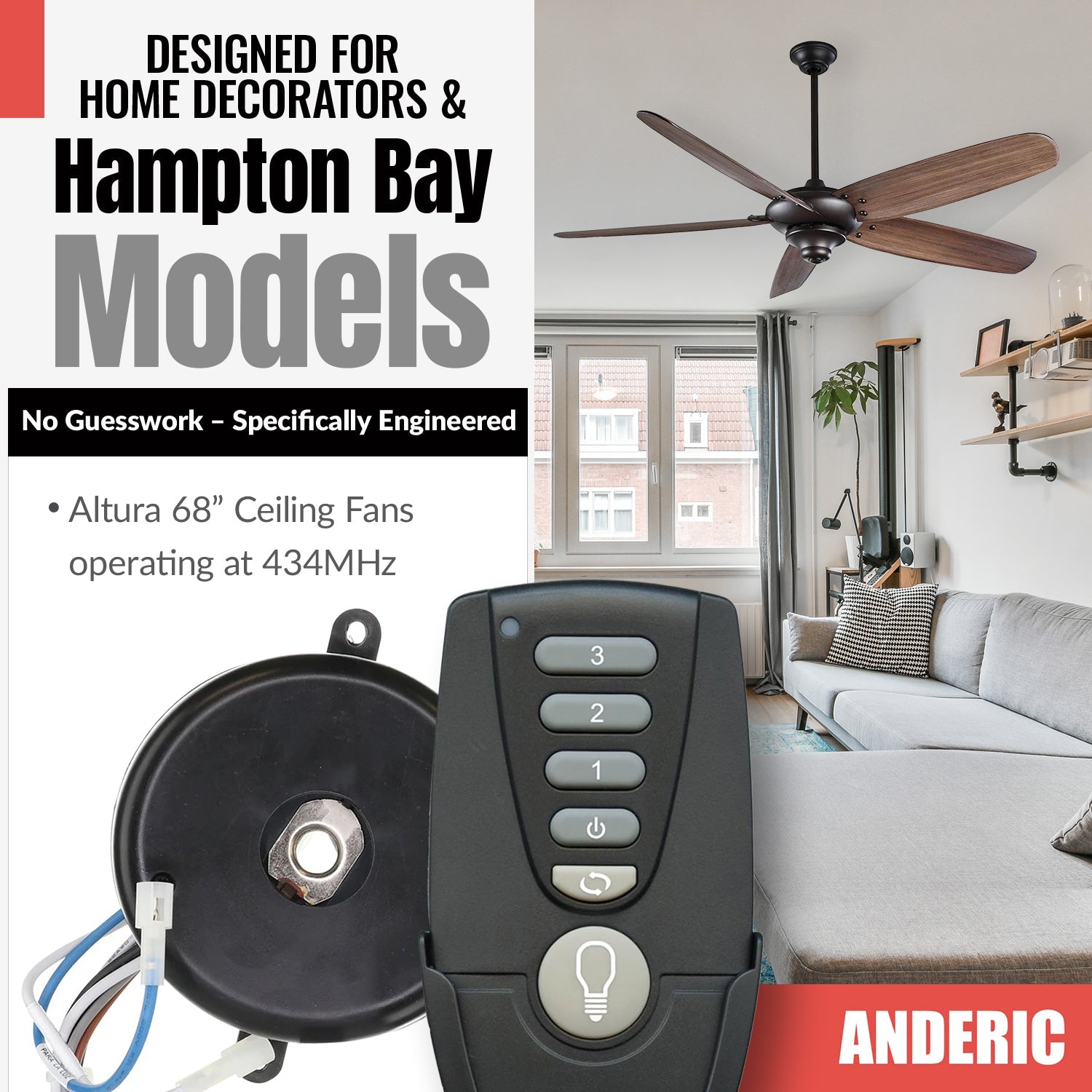 Anderic MR77A-RR7222T434-KIT Replacement Ceiling Fan Remote Control Kit for Home Decorators Collection Altura 68 Inch