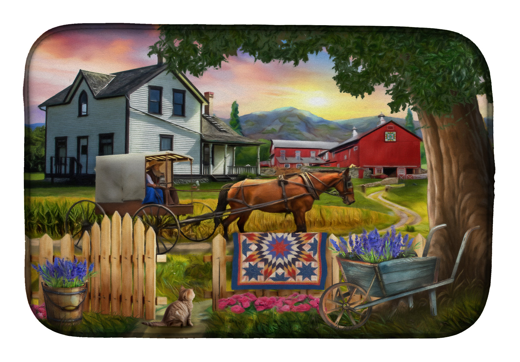Headed Home for Dinner Farm Dish Drying Mat Absorbent Dish Drying Mat Pad for Kitchen Counter Dish Drainer Mat for Countertop, 14 x 21", Multicolor