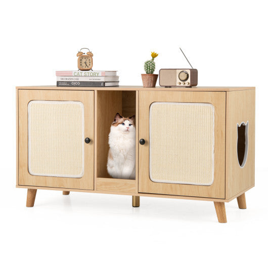 43 Inches Cat Litter Box Enclosure with Double Rooms and 2 Sisal Scratching Mats-Natural