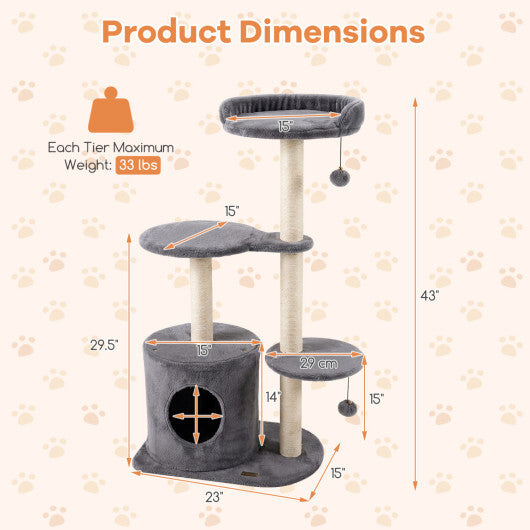 43" Cat Tree for Indoor Cats with Comfy Plush Perches and Sisal Scratching Posts-Gray