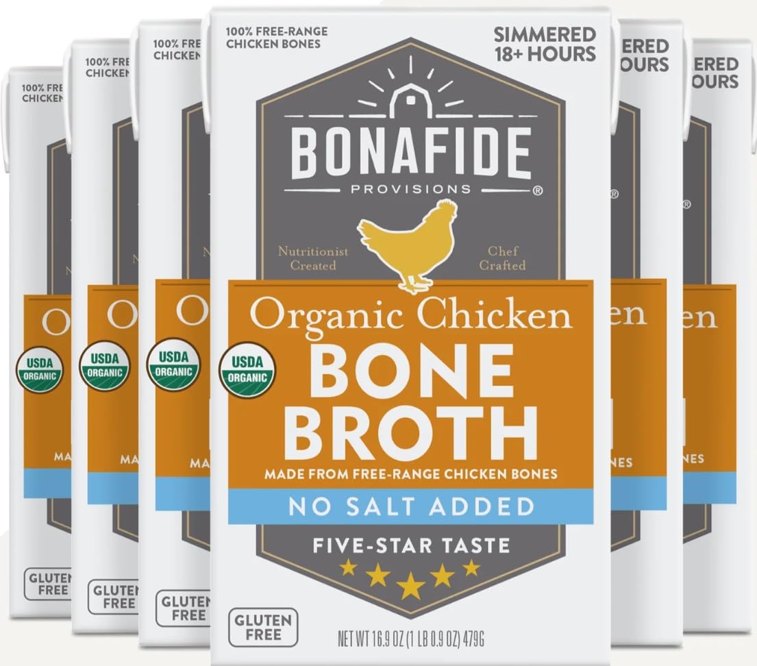 Bonafide Provisions Organic Chicken Bone Broth, No Salt Added, 16.9 fl oz. (Pack of 6)