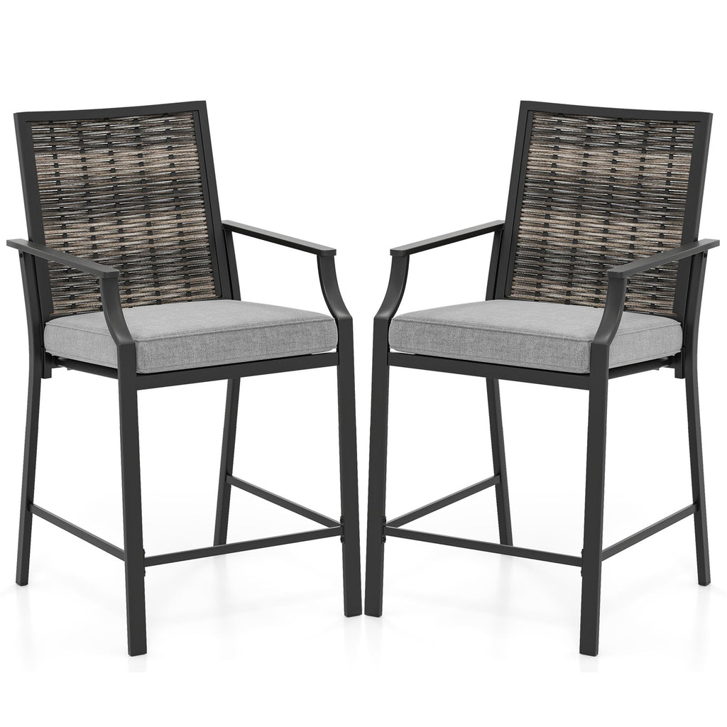 Patio Bar Stools Set of 2 Counter Height Rattan Bar Chairs with Armrest-Grey